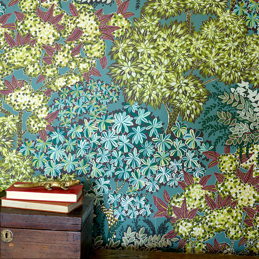 Broccoli Canopy Wallpaper - Celadon, Olive green & deep red - by Josephine Munsey