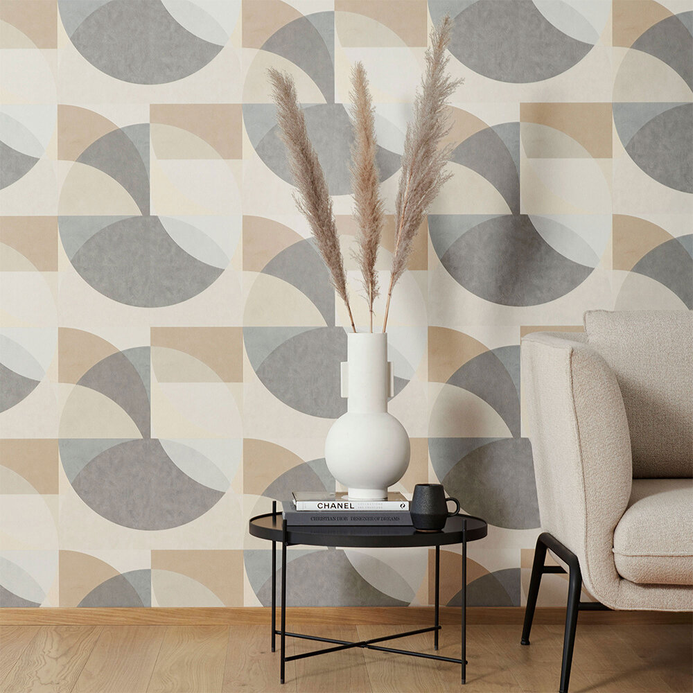 Geometric Circle Graphic Wallpaper - Mustard/ Grey/ Beige - by Galerie