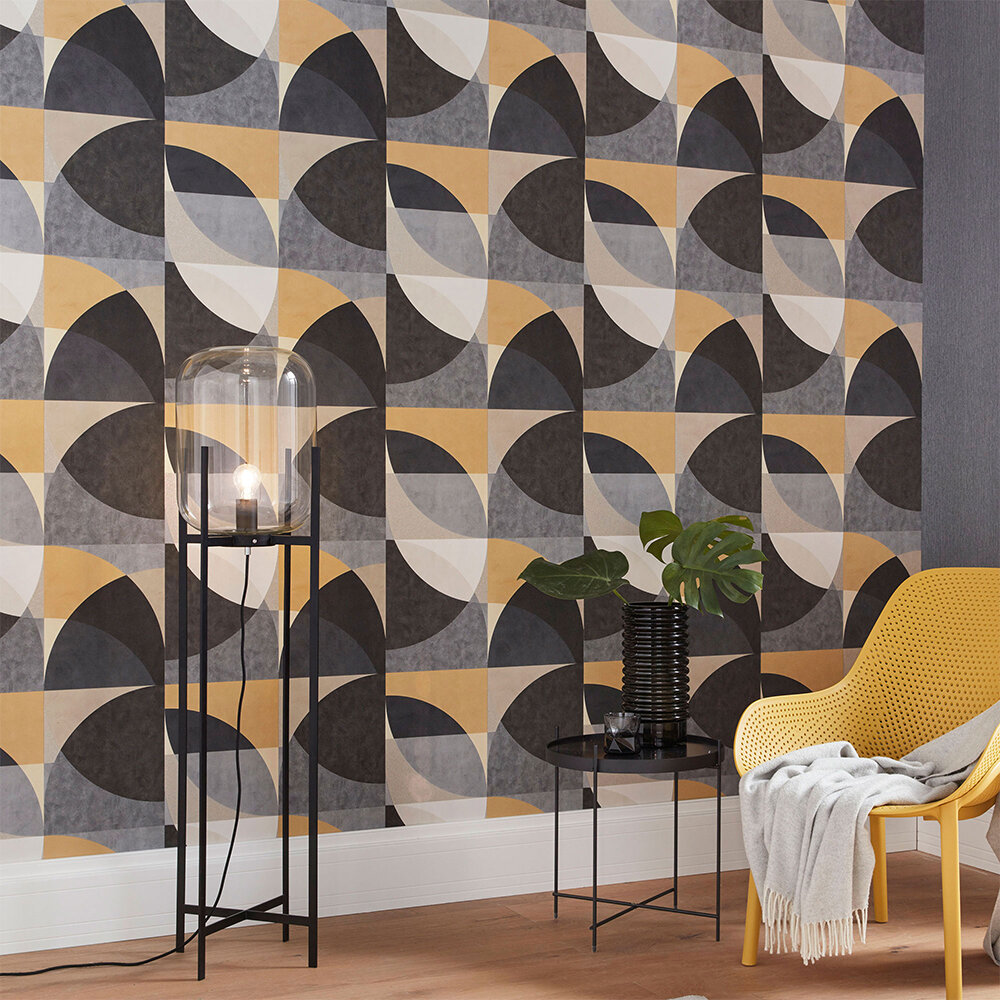 Geometric Circle Graphic Wallpaper - Gold/ Grey/ Cream - by Galerie