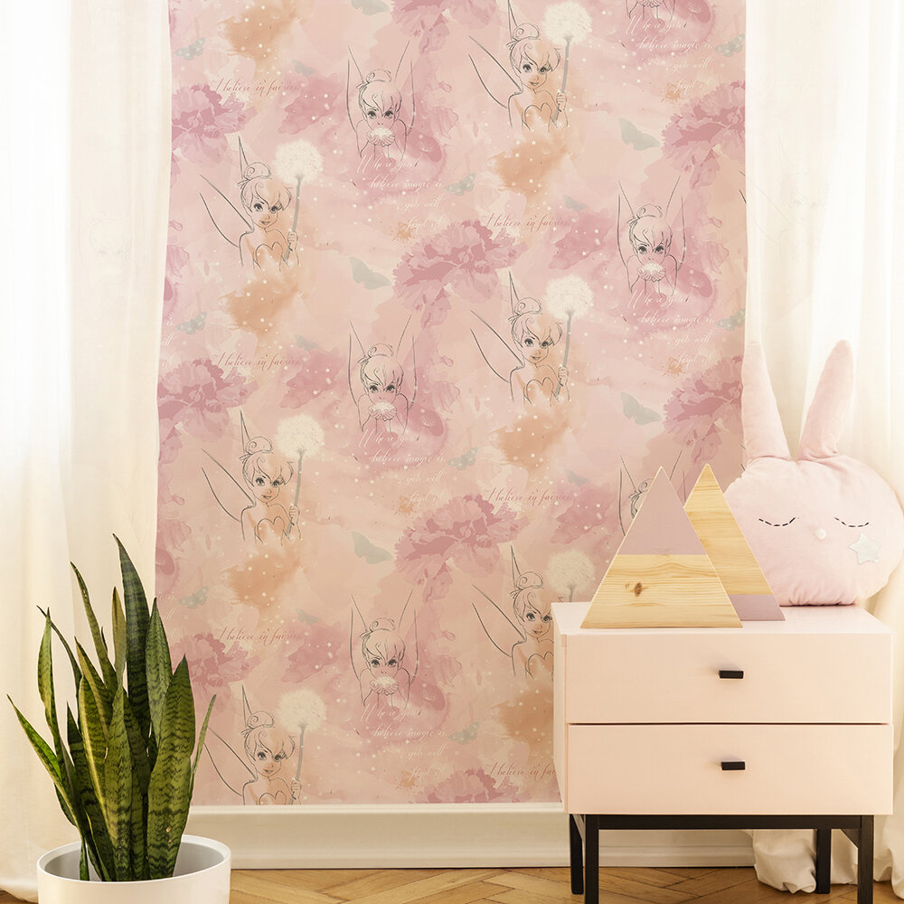 Tinkerbell Watercolour Wallpaper - Pink - by Kids @ Home