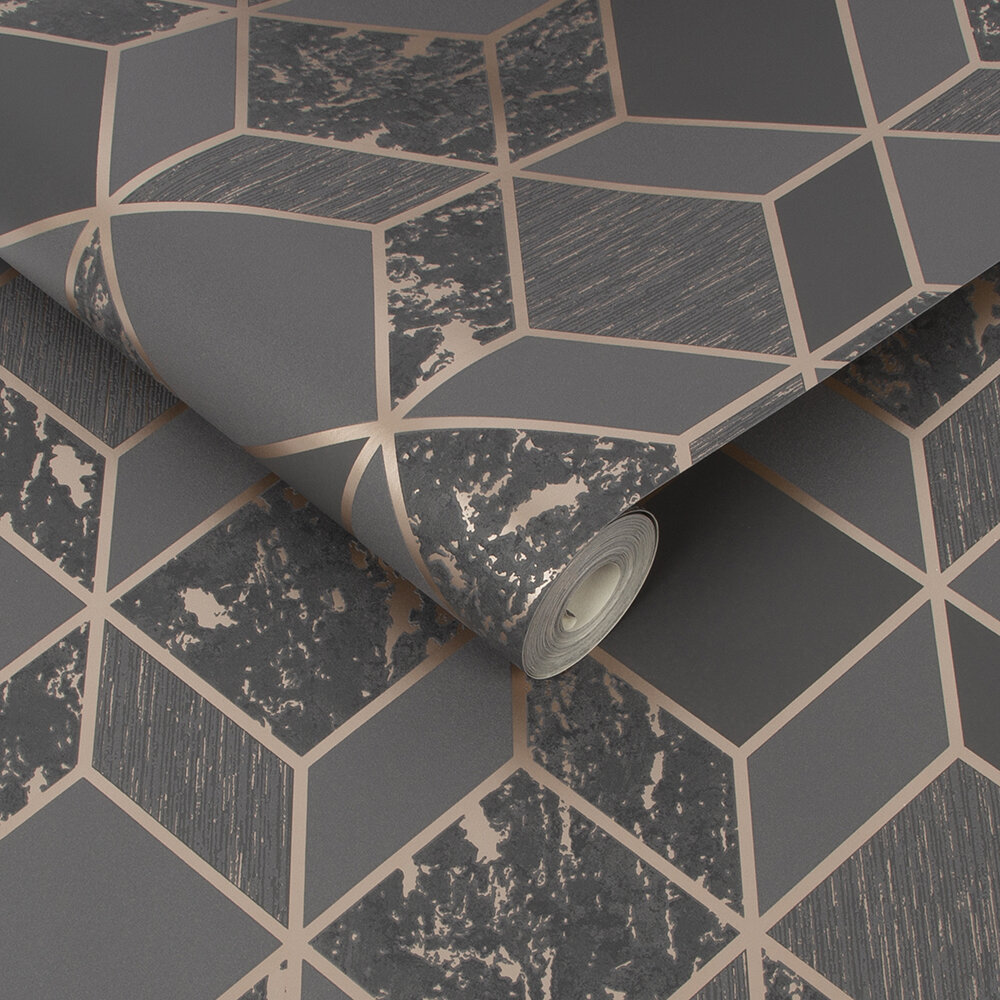 Vittorio Geo Wallpaper - Charcoal/Rose Gold - by Superfresco