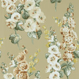 Hollyhocks Wallpaper - Gold Metallic / Tan - by Sanderson. Click for more details and a description.