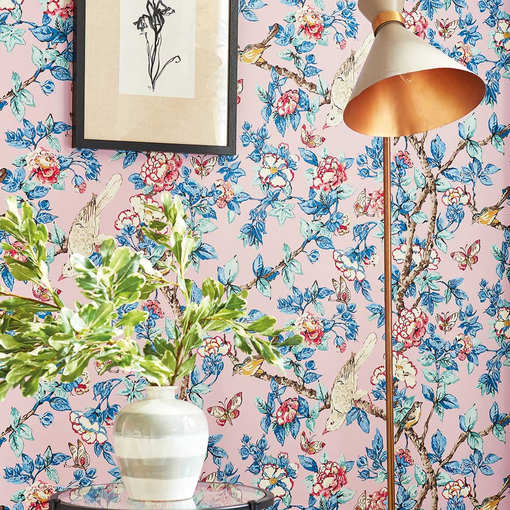 Caverley Wallpaper - Rose / French Blue - by Sanderson