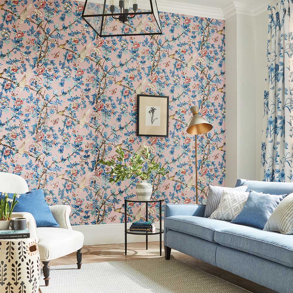 Caverley Wallpaper - Rose / French Blue - by Sanderson