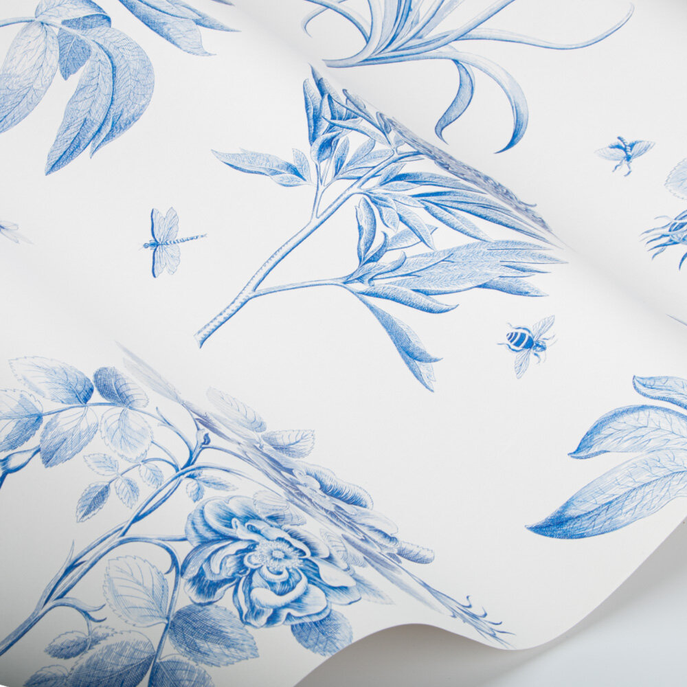 Etchings and Roses Wallpaper - China Blue - by Sanderson