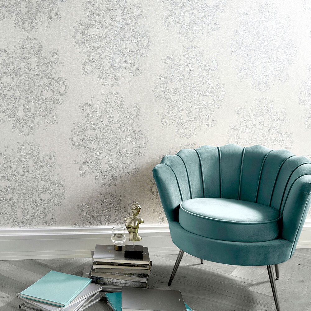 Baroque Damask Wallpaper - Cream/ Light Silver - by Galerie