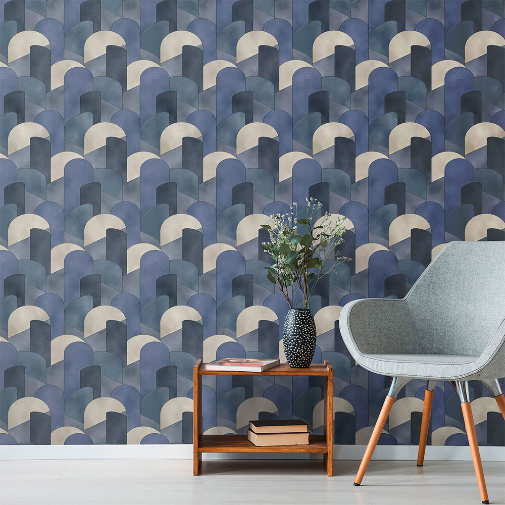 3D Geometric Graphic Wallpaper - Blue/ Teal/ Beige - by Galerie