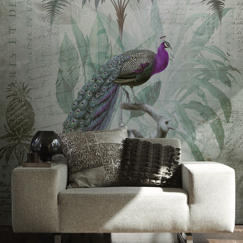 Peacock Jungle Mural - Grey - by ARTist
