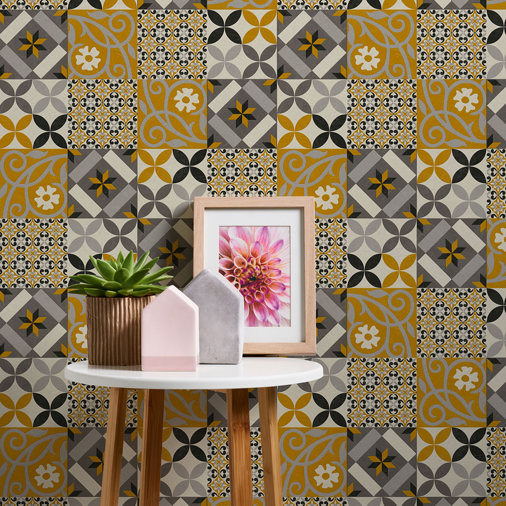 Patchwork tiles Wallpaper - Ochre - by Albany