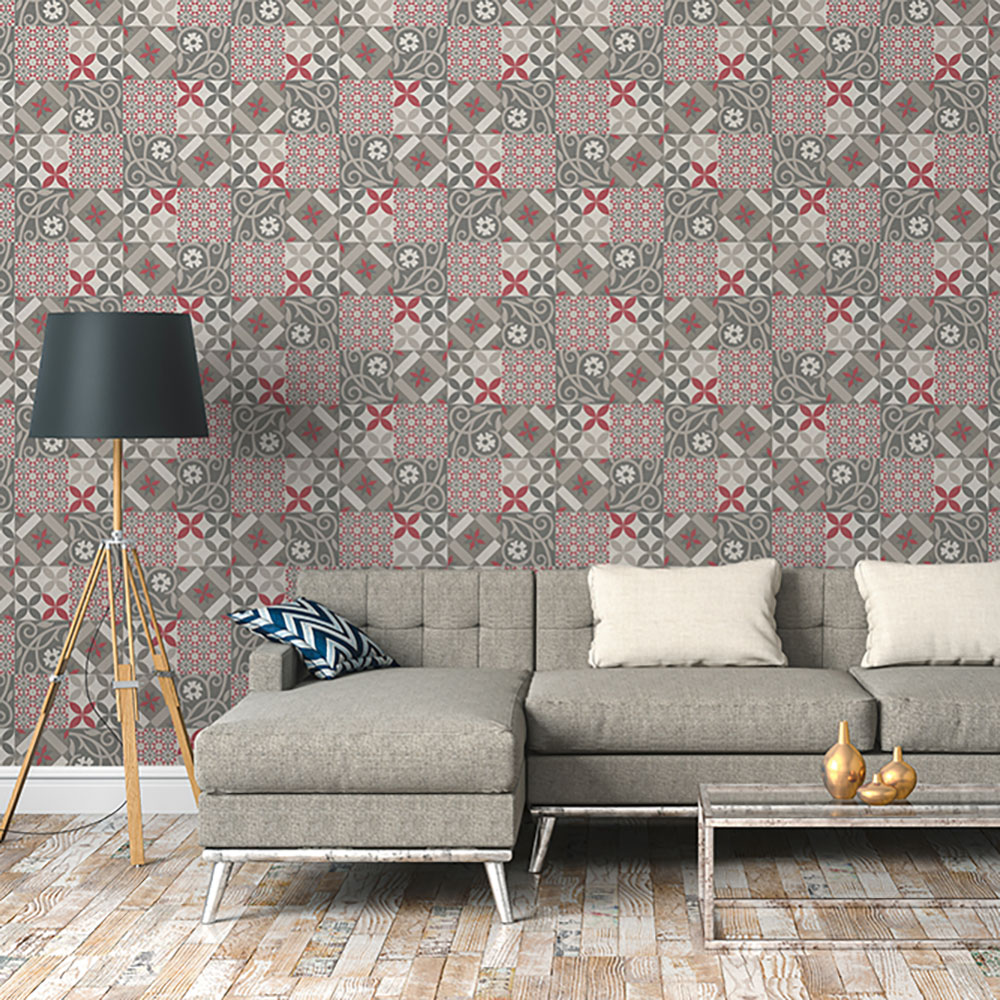Patchwork tiles Wallpaper - Pink/grey - by Albany