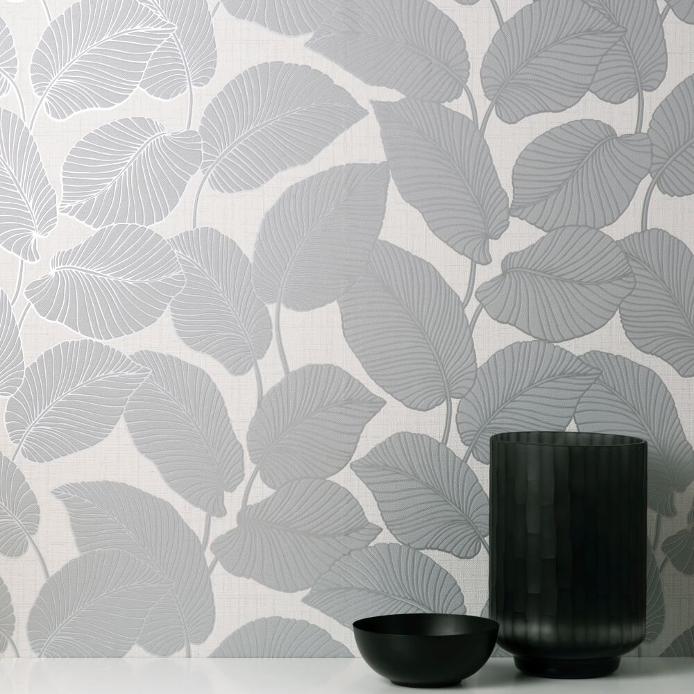 Larson Leaf Wallpaper - Light Grey - by Albany