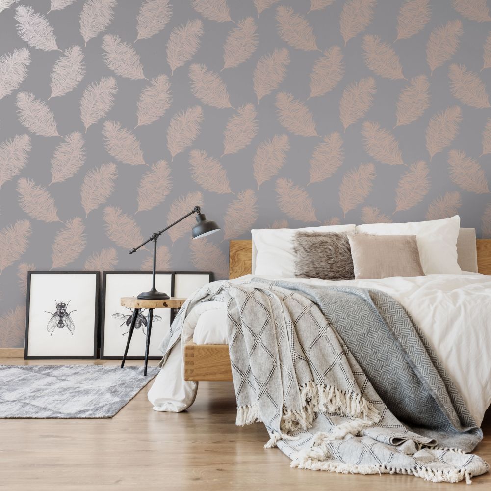 Fawning Feather Wallpaper - Grey / Rose Gold - by Albany