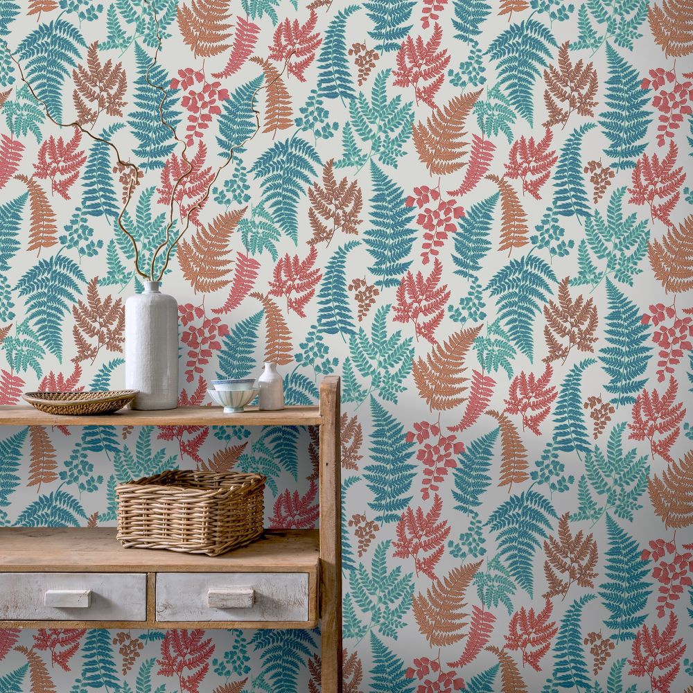 Botanical Fern Wallpaper - Teal / Red - by Arthouse