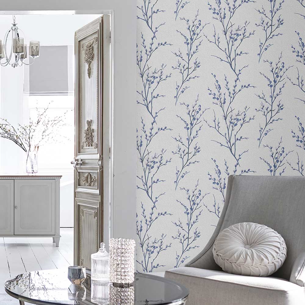 Pussy Willow Wallpaper - Off White / MIdnight - by Laura Ashley