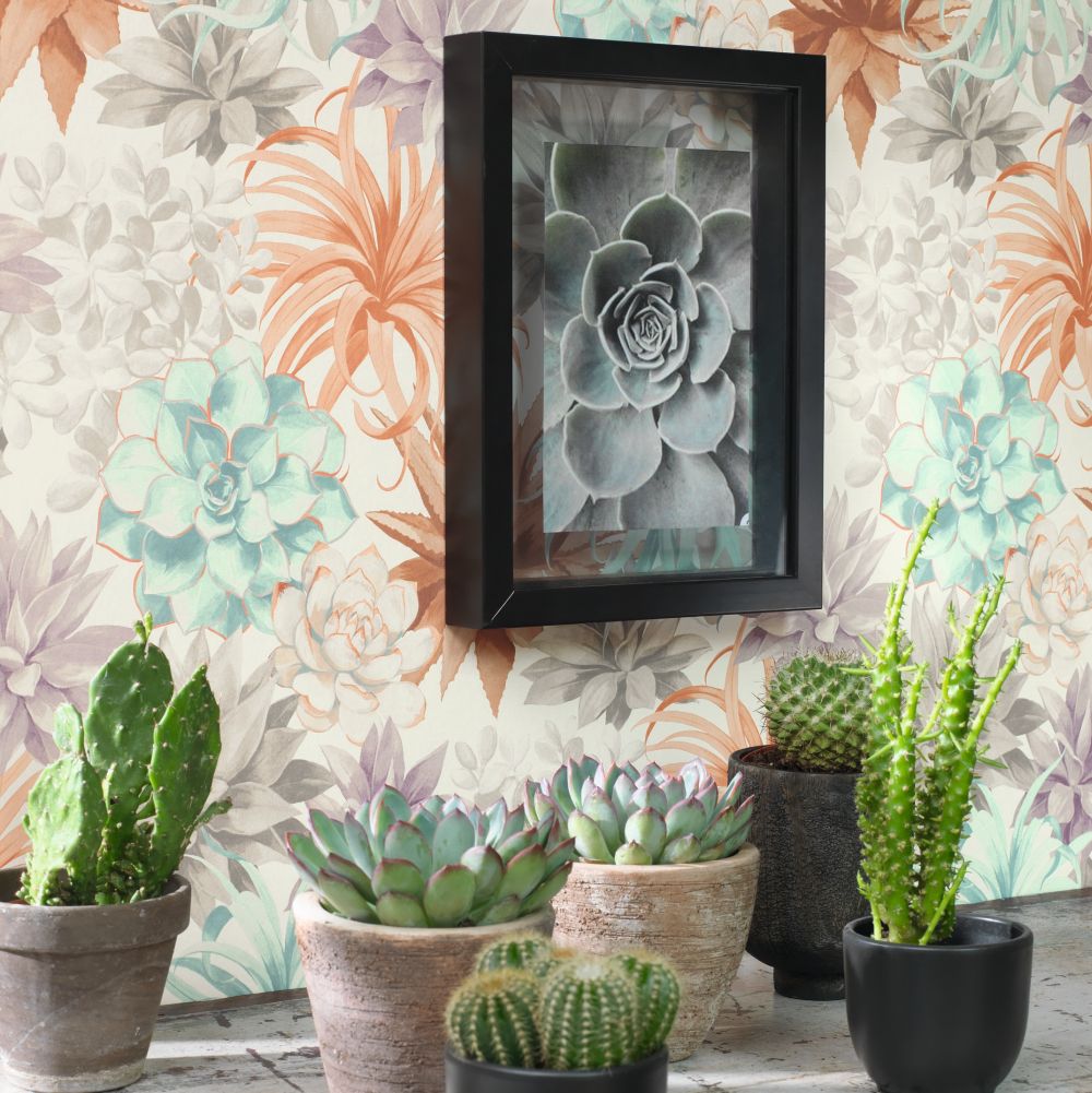 Echeveria Wallpaper - Corail/Rose Poudre - by Casadeco