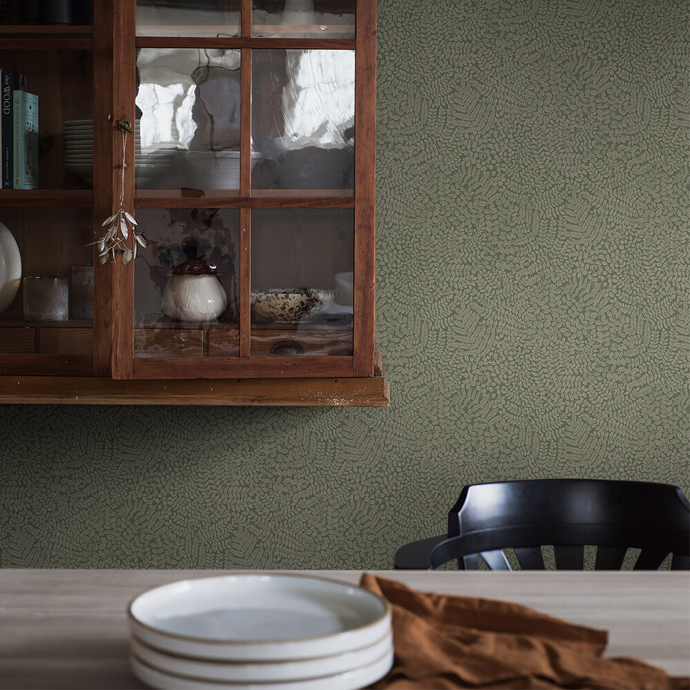 Bladverk Wallpaper - Olive Green - by Boråstapeter