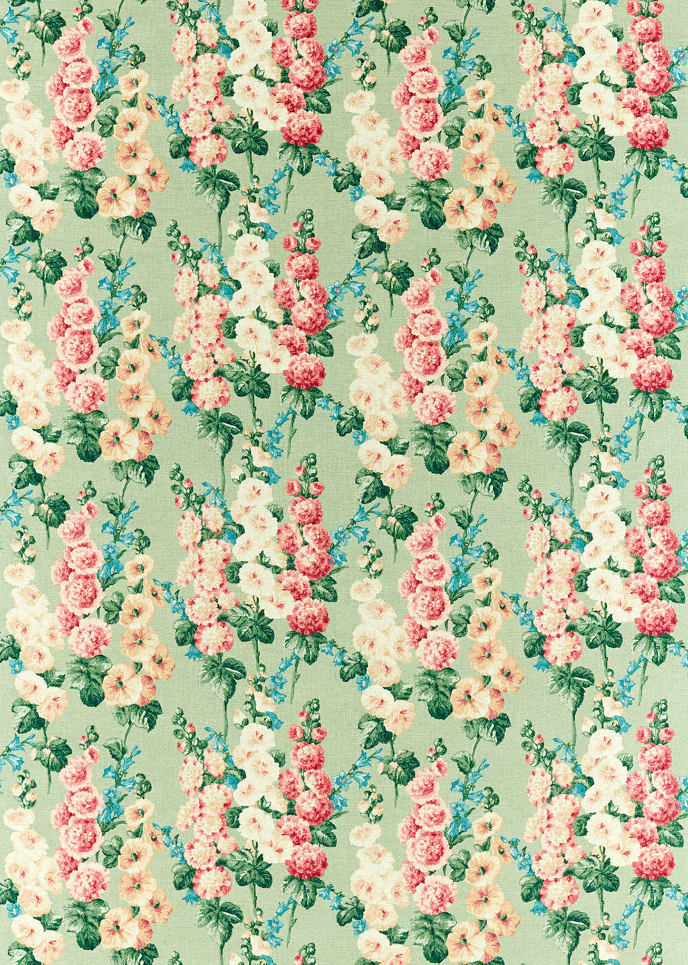 Hollyhocks Fabric - Sage/Rose - by Sanderson