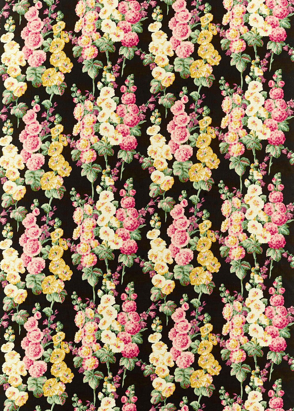 Hollyhocks Fabric - Ebony/Cerise - by Sanderson