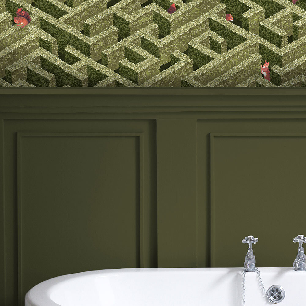Labyrinth with Squirrel Wallpaper - Olive - by Josephine Munsey