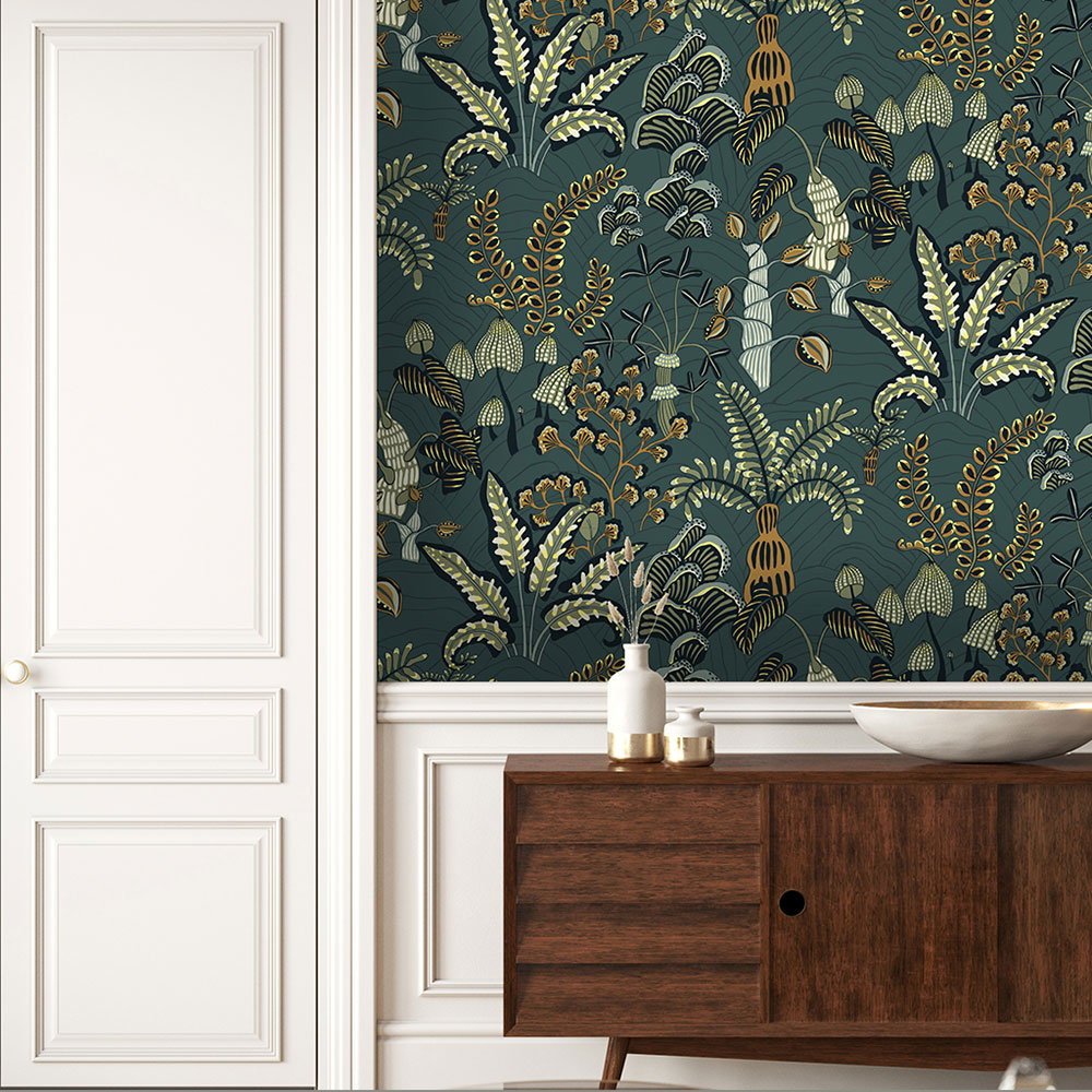 Woodland Floor Wallpaper - Petrol and Sage - by Josephine Munsey