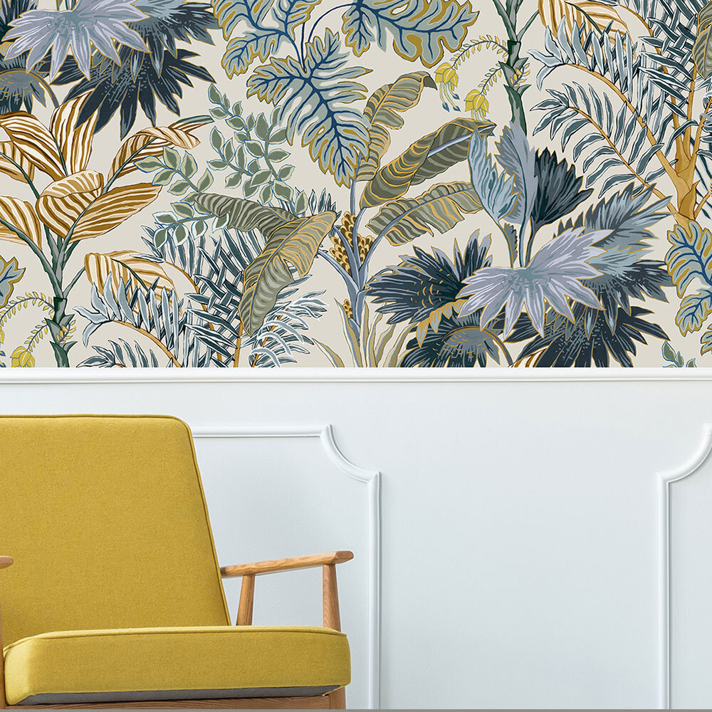 Palm Grove Wallpaper - Ecru and Blue - by Josephine Munsey