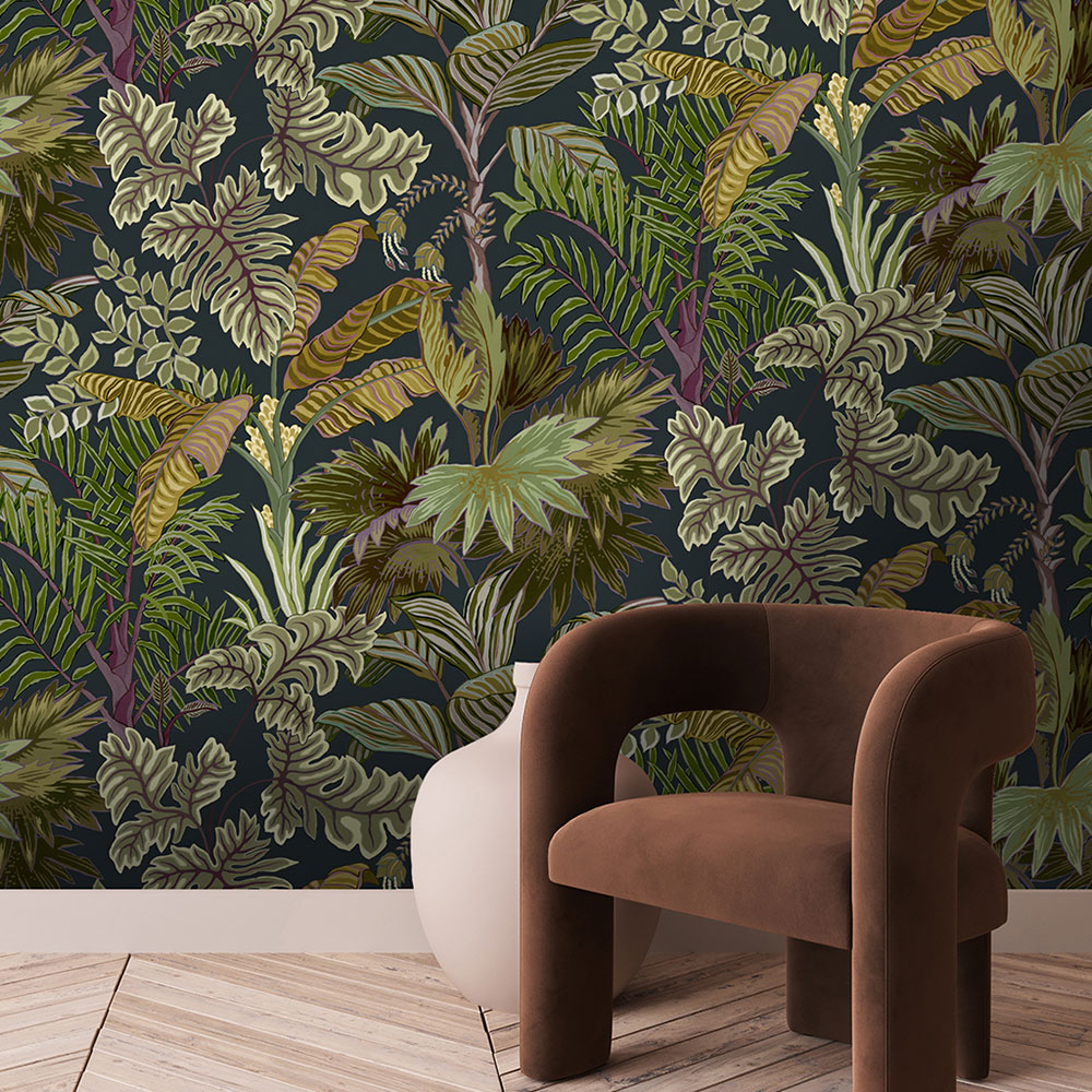 Palm Grove Wallpaper - Midnight and Green - by Josephine Munsey