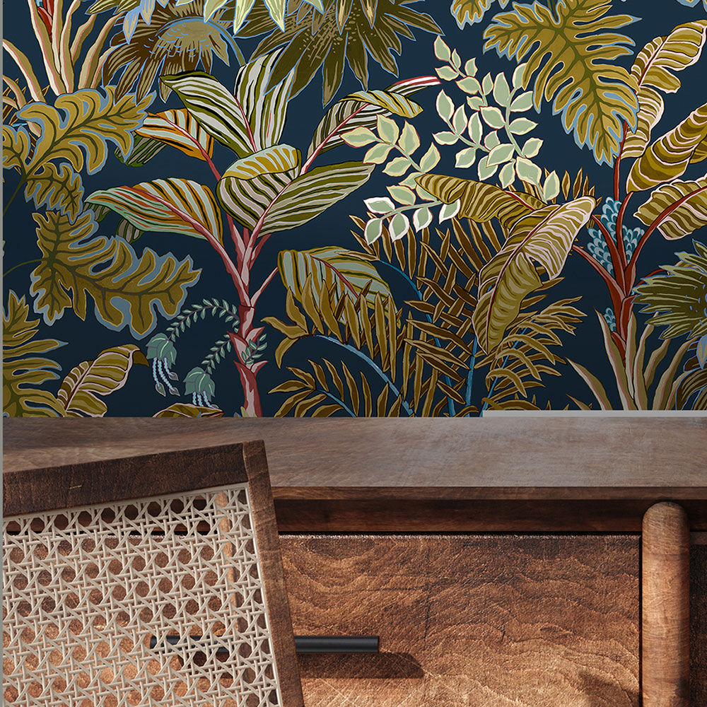 Palm Grove Wallpaper - Navy and Olive - by Josephine Munsey