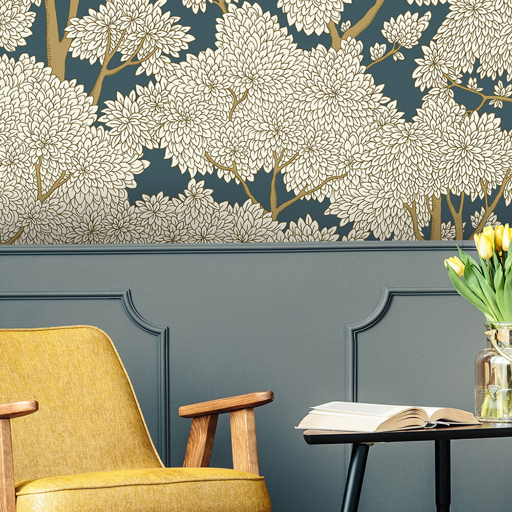 Stockend Woods Wallpaper - Navy and Ochre - by Josephine Munsey