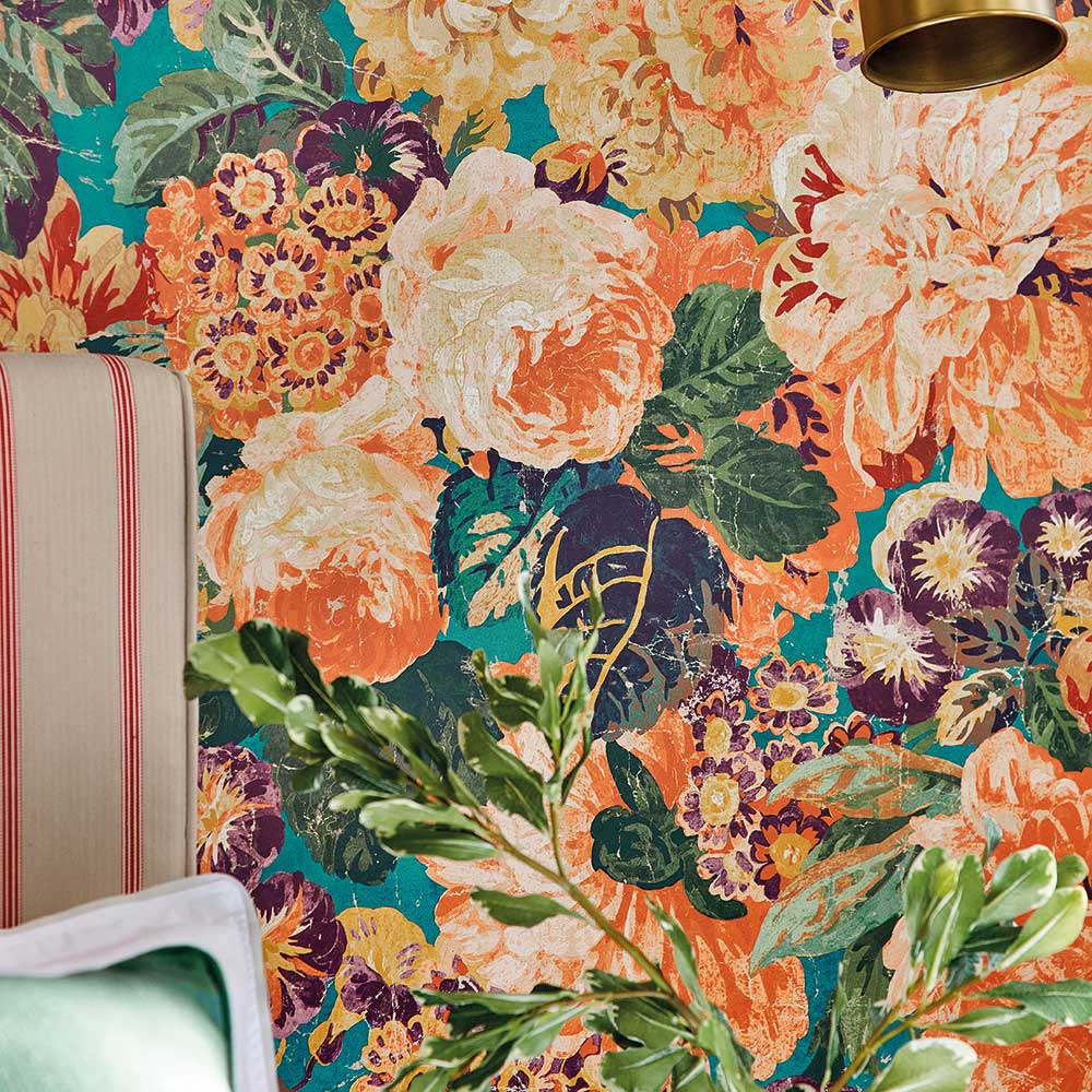 Very Rose and Peony - By the metre Wallpaper - Kingfisher / Rowan Berry - by Sanderson