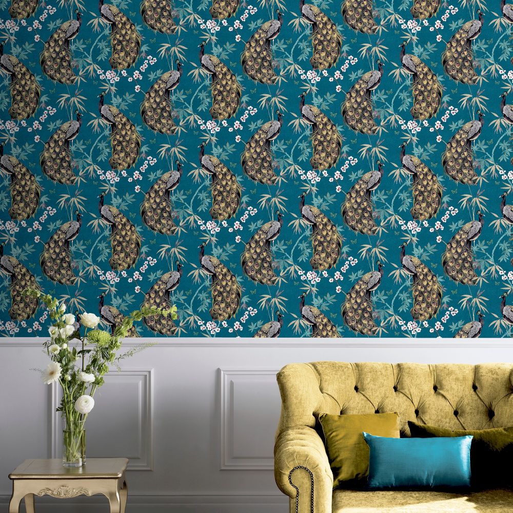 Opulent Peacock Wallpaper - Teal / Gold - by Arthouse