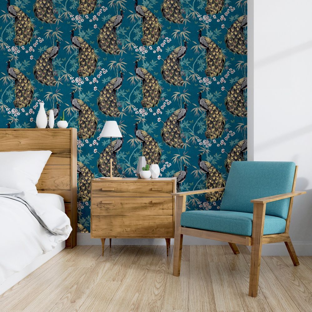 Opulent Peacock Wallpaper - Teal / Gold - by Arthouse