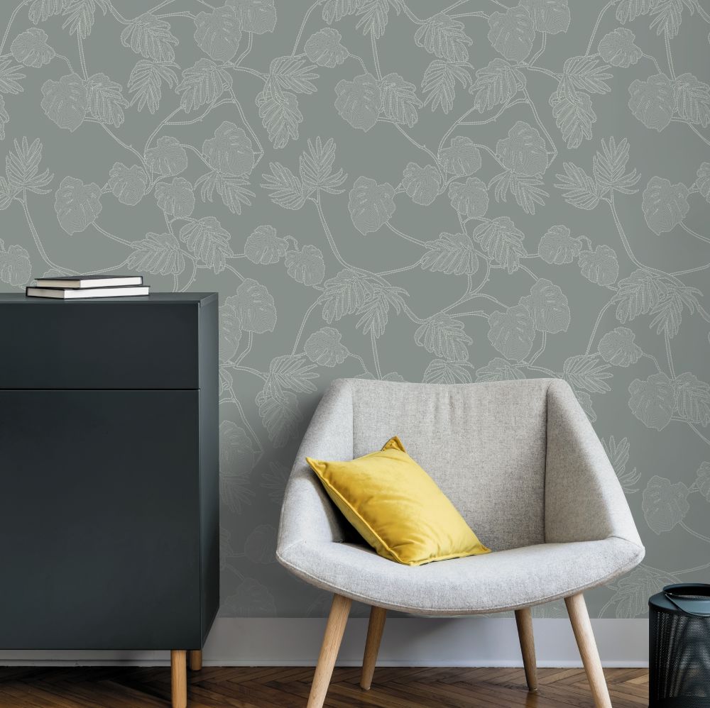 Leafit Wallpaper - Grey - by Ted Baker