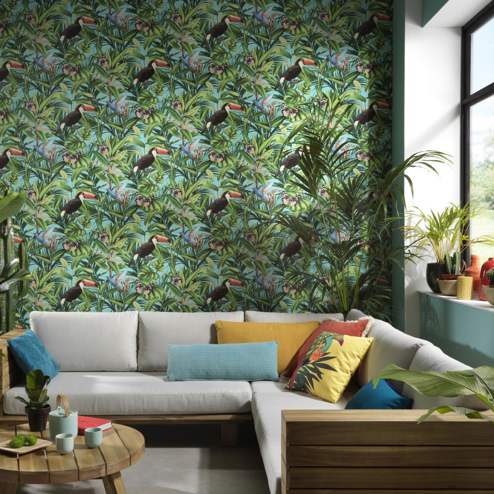 Tropical Birds Wallpaper - Turquoise / Multi  - by Galerie