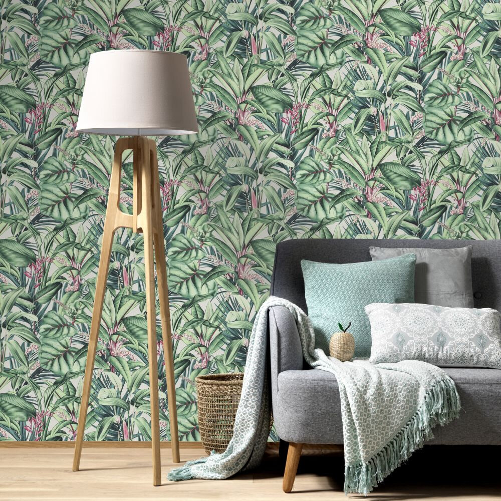 Tropical Print Wallpaper - Green / Pink - by Galerie