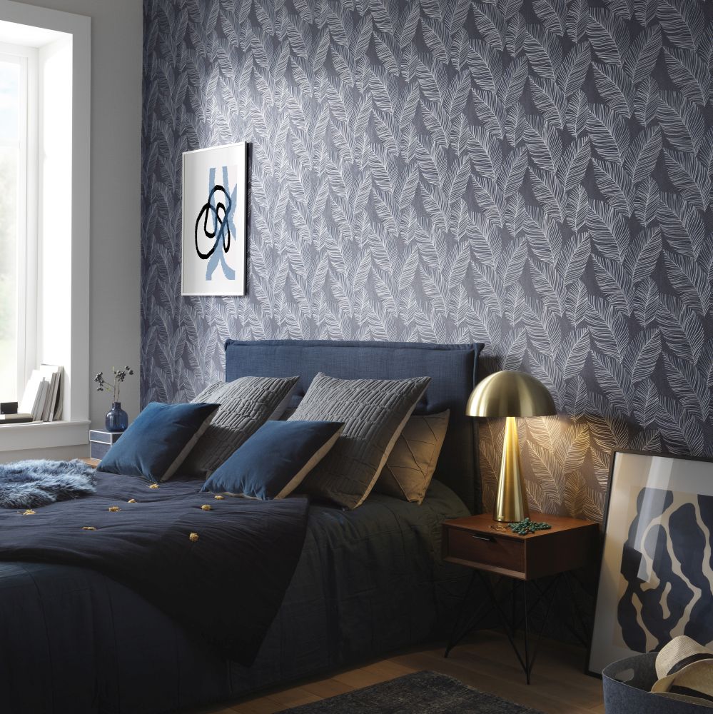 Quill Wallpaper - Blue / Silver - by Galerie