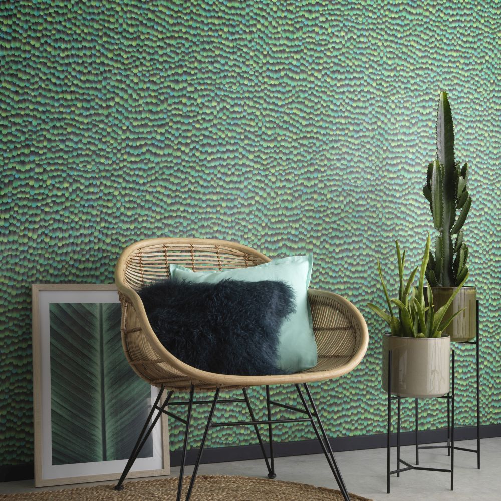 Feathers Wallpaper - Green - by Galerie