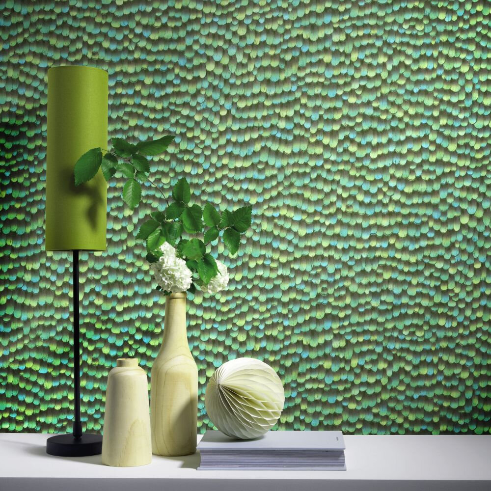 Feathers Wallpaper - Green - by Galerie