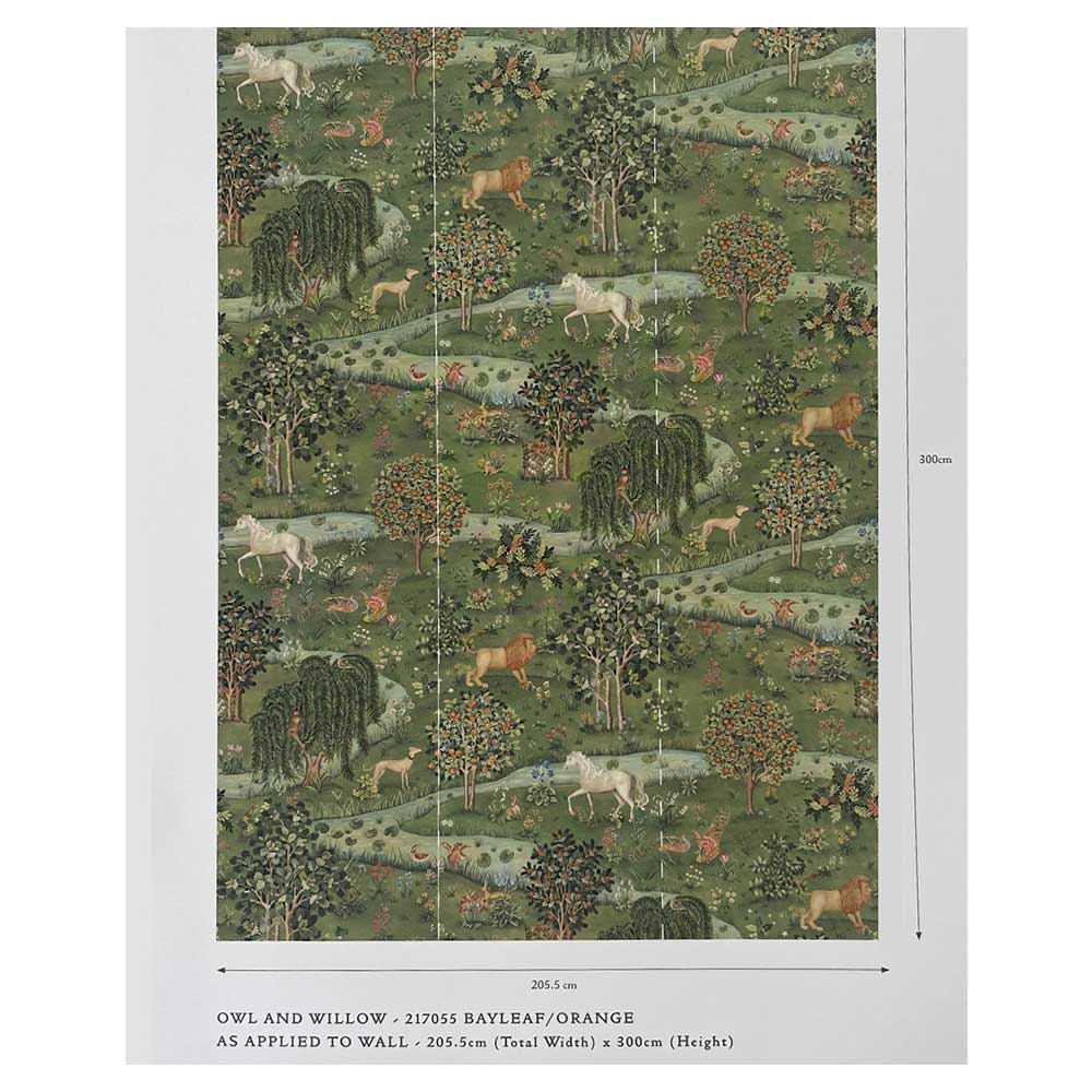 Owl & Willow Panel Wallpaper - Bayleaf / Orange - by Morris