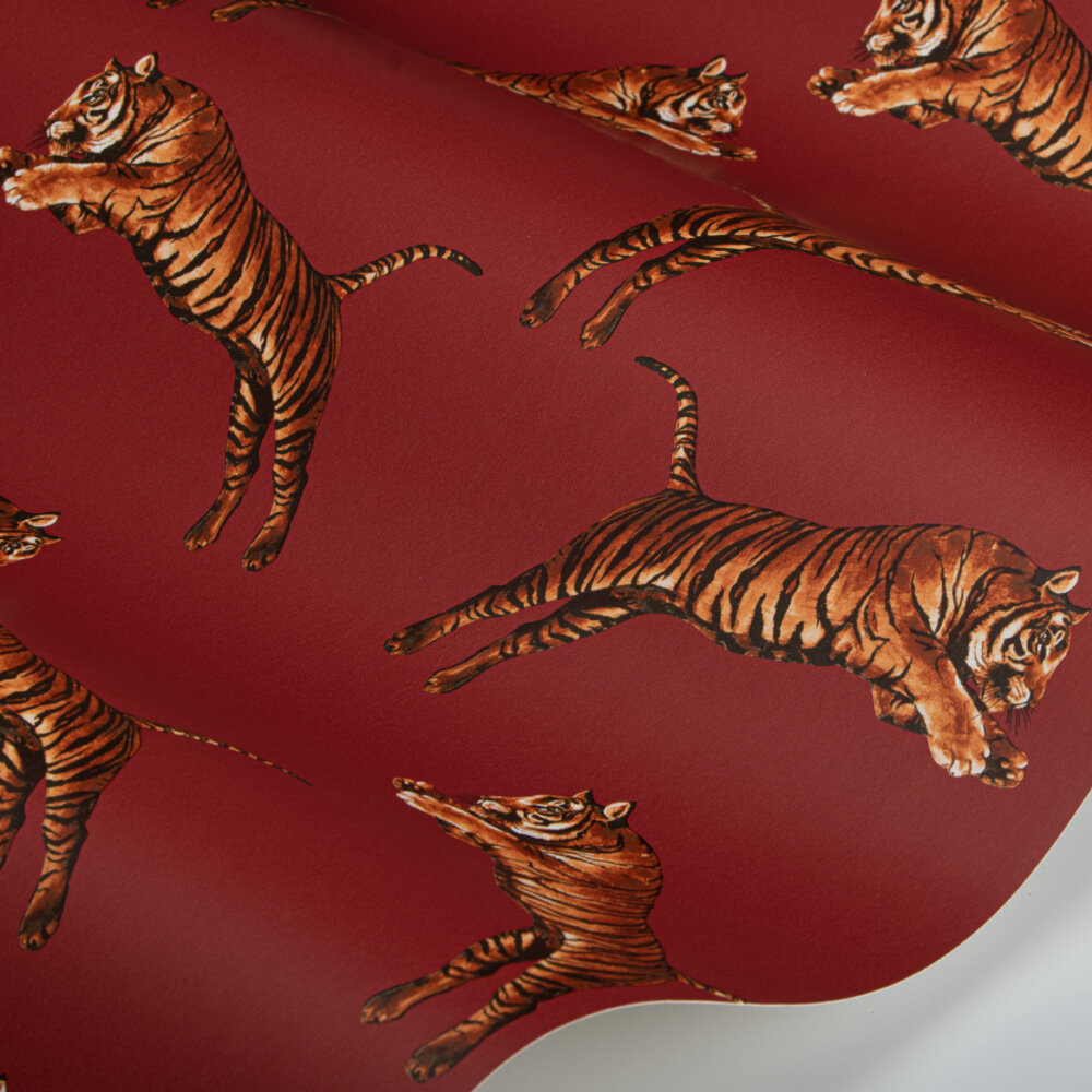 Pouncing Tigers Wallpaper - Red - by Paloma Home
