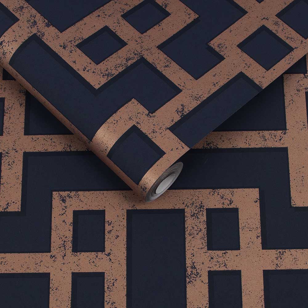 Rendo Wallpaper - Navy / Copper - by Graham & Brown