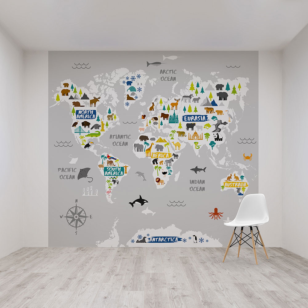 World Map Mural - Grey - by Art for the home