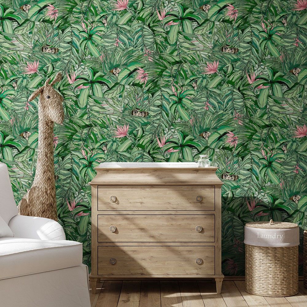 Monkey Forest Wallpaper - Dark Green & Pink - by Brand McKenzie