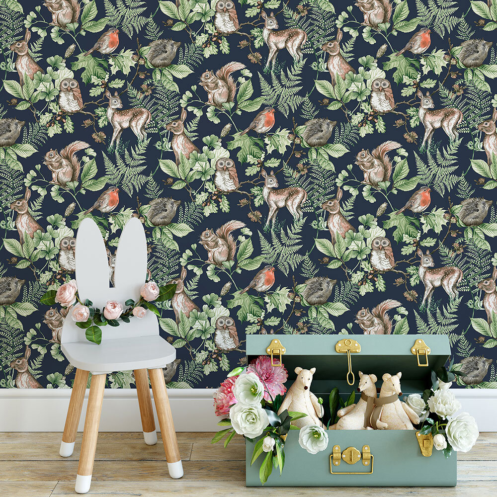 Woodland Animals Wallpaper - Navy - by Superfresco Easy