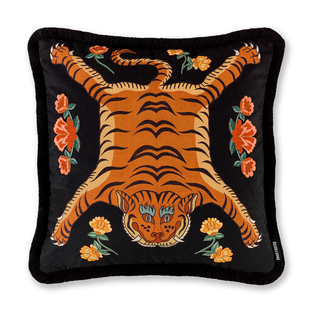 Tibetan Tiger Cushion - Black - by Paloma Home
