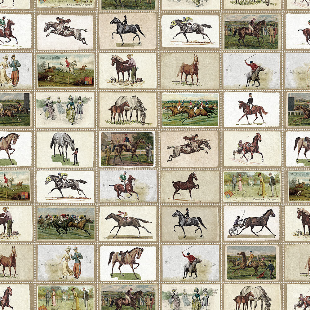 English Equestrian Stamps Mural - Taupe/Green/Brown - by Mind the Gap
