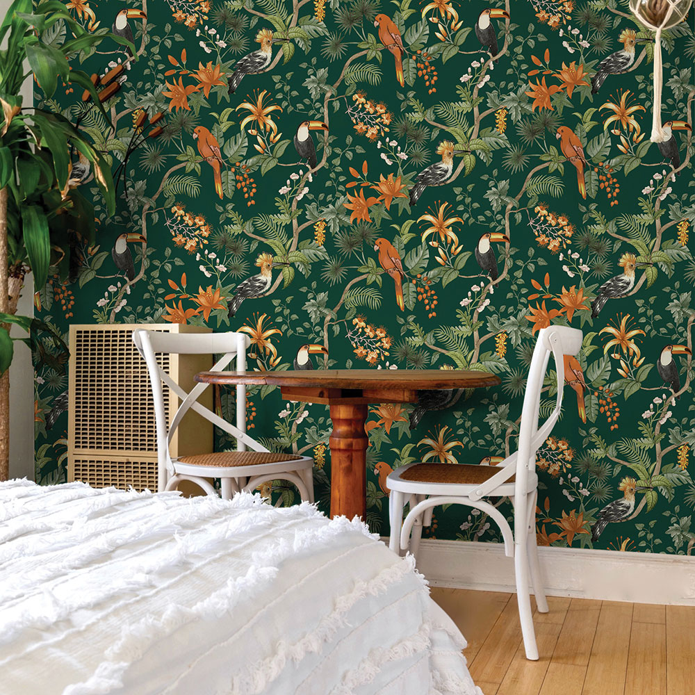 Birds of Paradise Wallpaper - Rainforest Green - by Tempaper