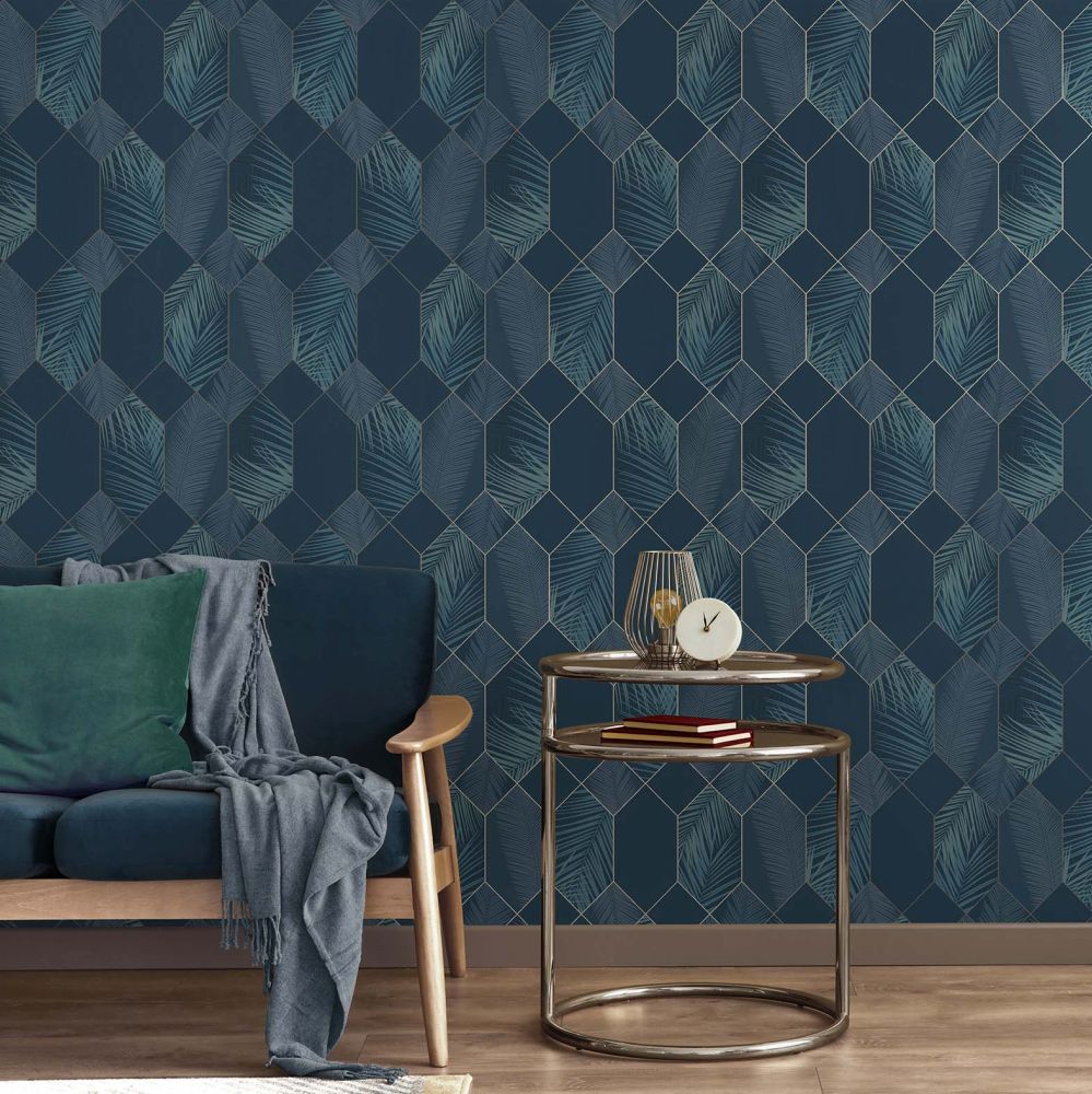Miami Tropical Geo Wallpaper - Navy / Silver - by Albany