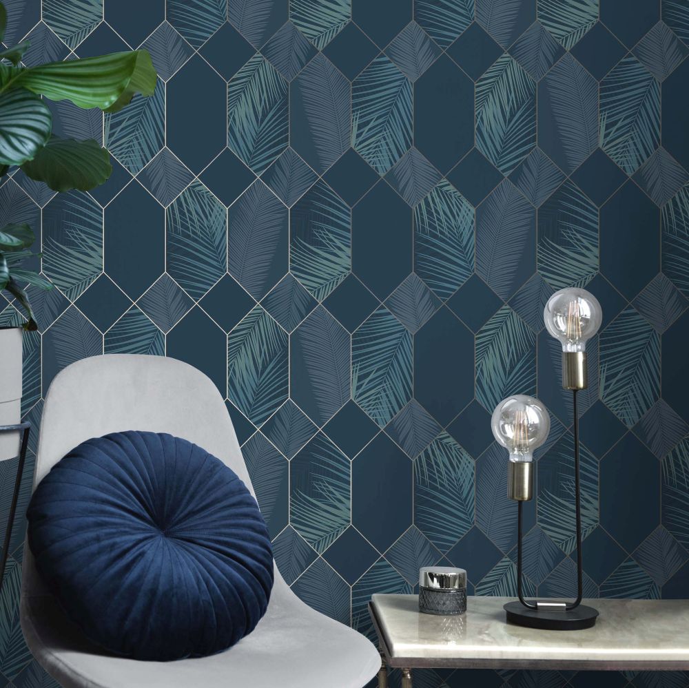Miami Tropical Geo Wallpaper - Navy / Silver - by Albany