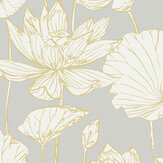 Papier peint Water Lily Floral - Or métallique / gris - Etten. Cliquez pour en savoir plus et lire la description.