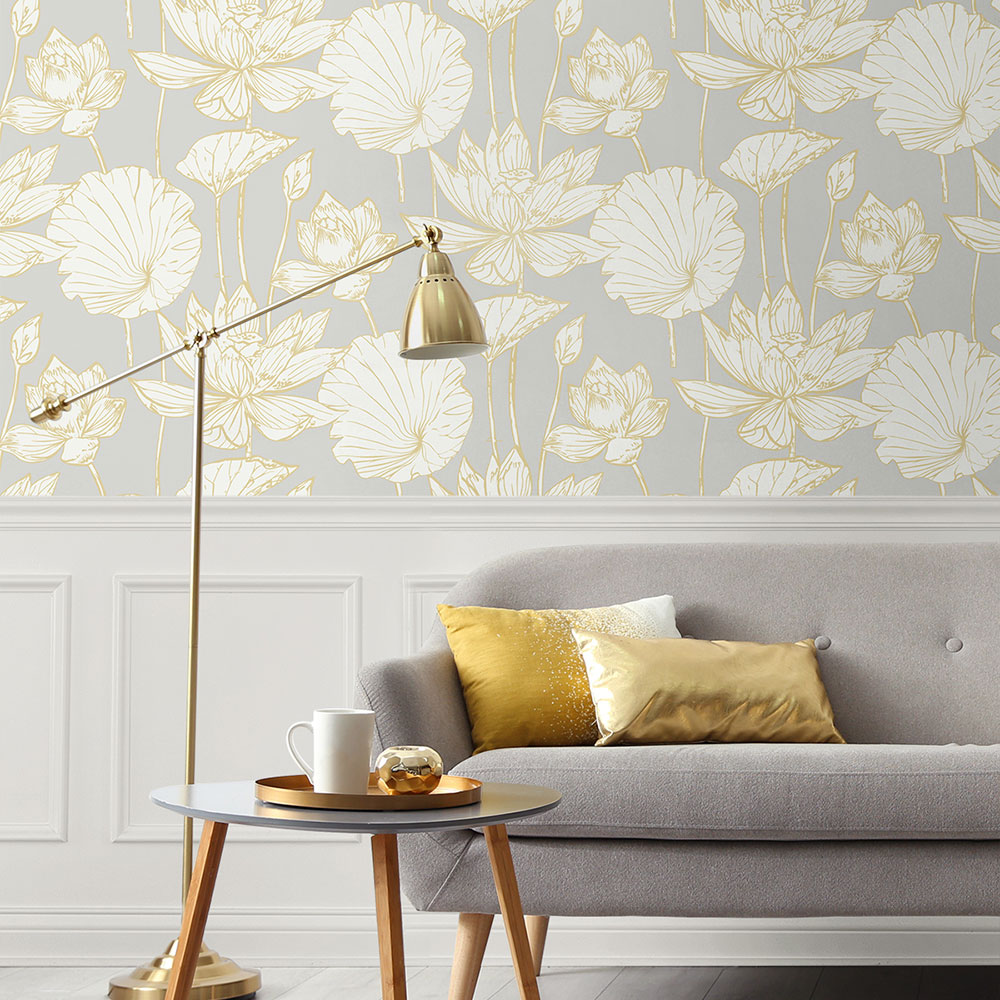 Water Lily Floral Wallpaper - Metallic Gold & Grey - by Etten